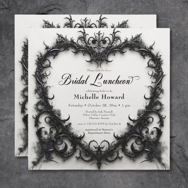 Invitation Déjeuner nuptial gothique noir et blanc en fibre d (Gothic Black & White Filigree Heart Bridal Lunch Invitation)