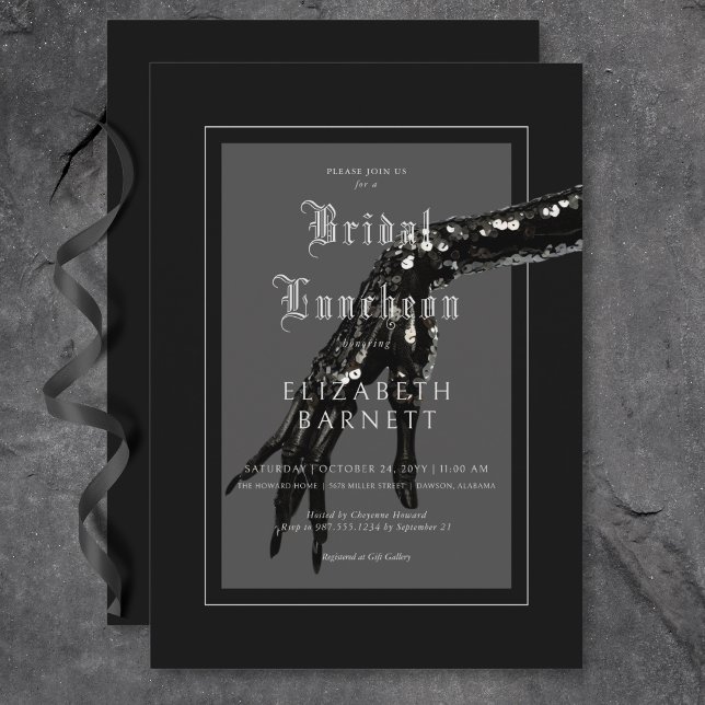 Invitation Déjeuner nuptial gothique noir foncé (Dark Gothic Black Sequin Hand Bridal Luncheon Invitation)