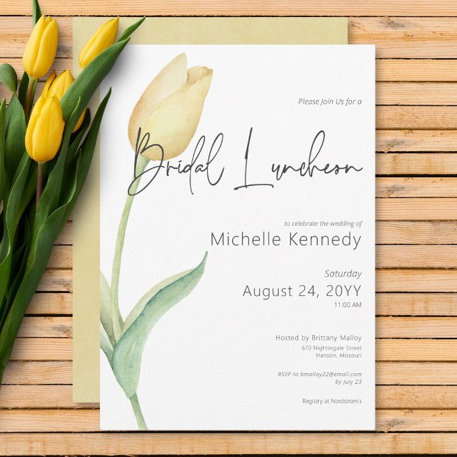 Invitation Déjeuner nuptial moderne de la Tulipe Jaune (Modern Yellow Tulip Solo Bridal Luncheon Invitation)