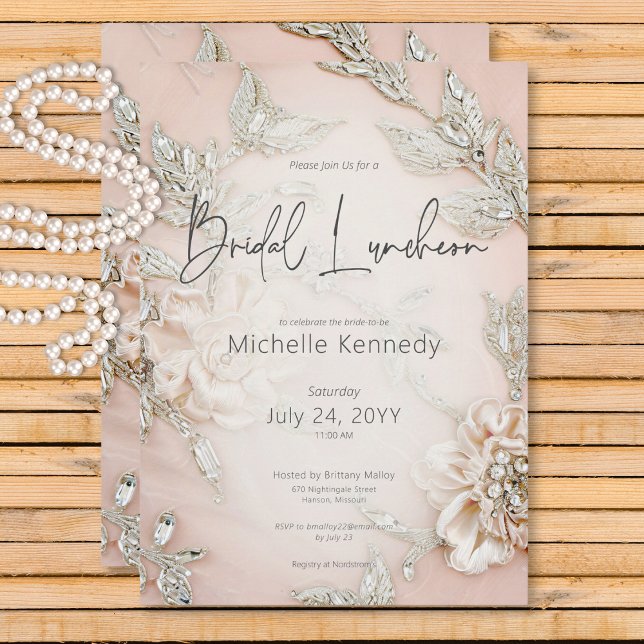 Invitation Déjeuner nuptial moderne en satin rose (Modern Pink Satin Embroidery Glam Bridal Luncheon Invitation)