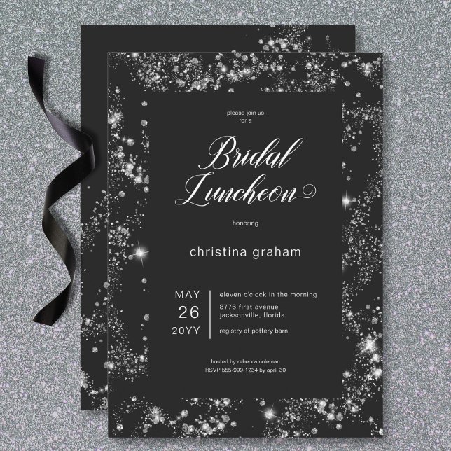 Invitation Déjeuner nuptial moderne en verre noir (Modern Black Glam Diamond Frame Bridal Luncheon Invitation)