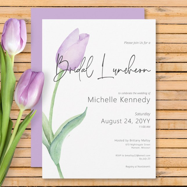 Invitation Déjeuner nuptial moderne violet Tulip solo (Modern Purple Tulip Solo Bridal Luncheon Invitation)