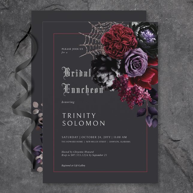 Invitation Déjeuner nuptial noir foncé et argenté Web (Dark Black Floral & Silver Web Bridal Luncheon Invitation)
