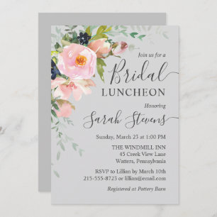 Invitation Déjeuner nuptial rose et gris floral