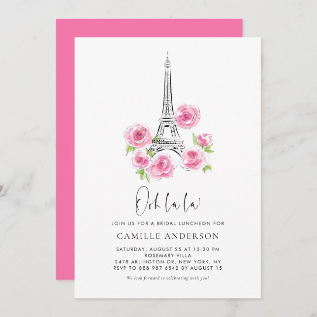 Invitation Déjeuner nuptial rose floral Ooh la la Eiffel (Devant / Derrière)