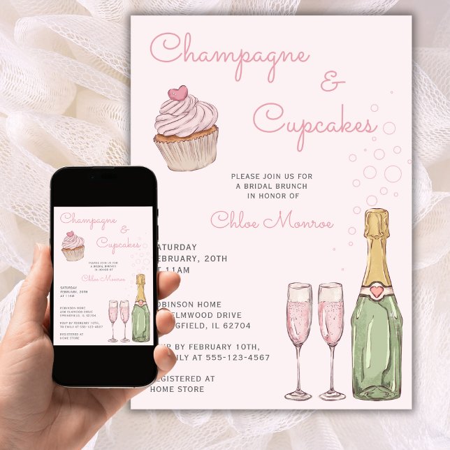 Invitation Déjeuner nuptial rose moderne Champagne & Cupcakes (Créateur téléchargé)
