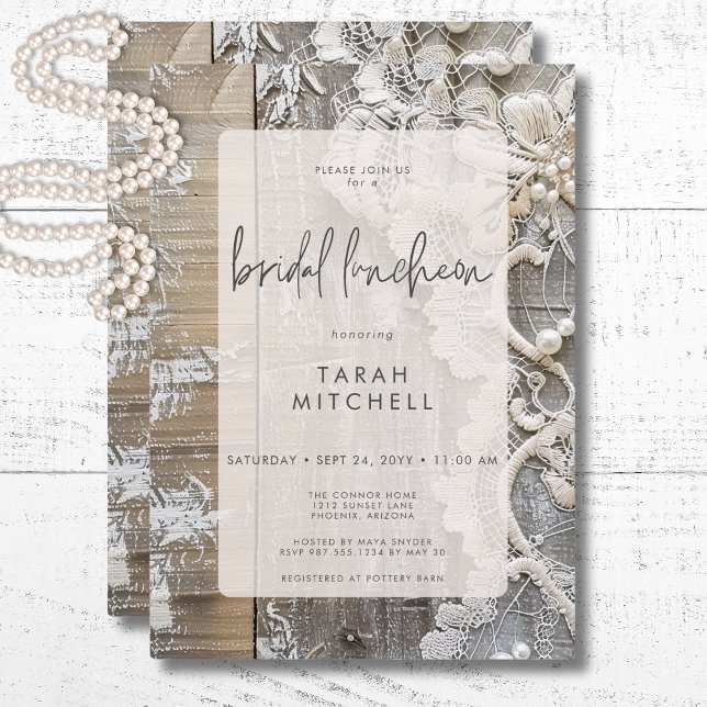 Invitation Déjeuner nuptial rustique Barnwood et dentelle nup (Rustic Barnwood & Bridal Lace Bridal Luncheon Invitation)
