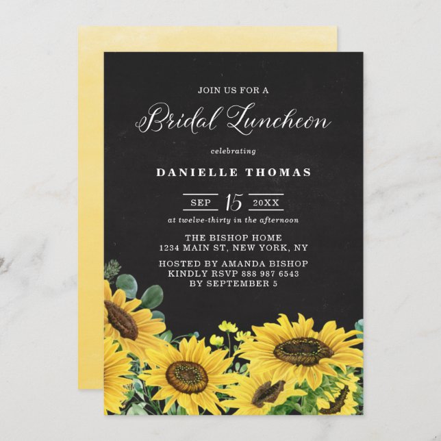 Invitation Déjeuner nuptial rustique Chalkboard Sunflowers (Devant / Derrière)