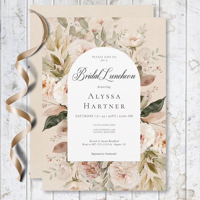 Invitation Déjeuner nuptial rustique Neutral Tan Cream Floral (Rustic Neutral Tan Cream Floral Arch Bridal Lunch Invitation)