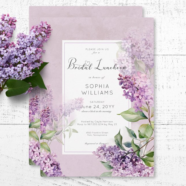 Invitation Déjeuner nuptial rustique romantique violet & Sage (Rustic Romantic Purple & Sage Lilacs Bridal Lunch Invitation)