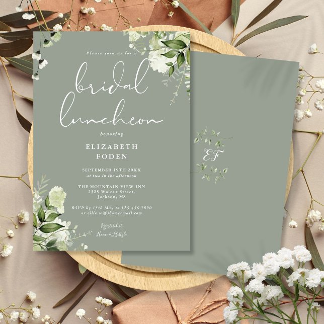 Invitation Déjeuner nuptial vert Monogramme Sage (Greenery Monogram Sage Green Bridal Luncheon Invitation)