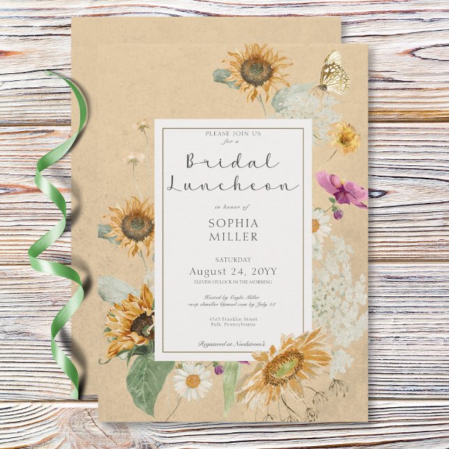 Invitation Déjeuner nuptial vintage de tournesol jaune (Vintage Summer Sunflower Yellow Bridal Luncheon Invitation)