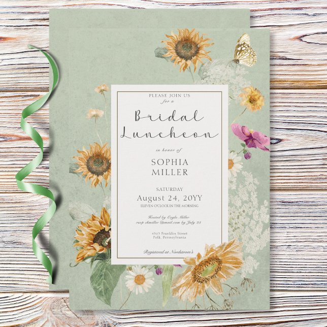 Invitation Déjeuner nuptial vintage été tournesol vert (Vintage Summer Sunflower Green Bridal Luncheon Invitation)