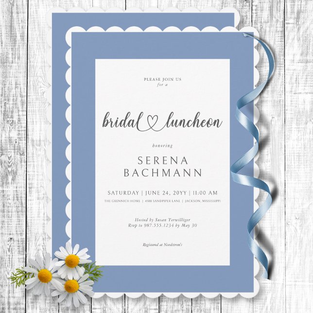 Invitation Déjeuner romantique moderne bleu et blanc (Modern Romantic Blue & White Bridal Luncheon Invitation)