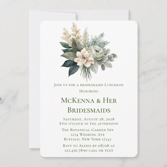 Invitation Déjeuner Rose de Bridesmaitres Forest Green et Cre (Devant)