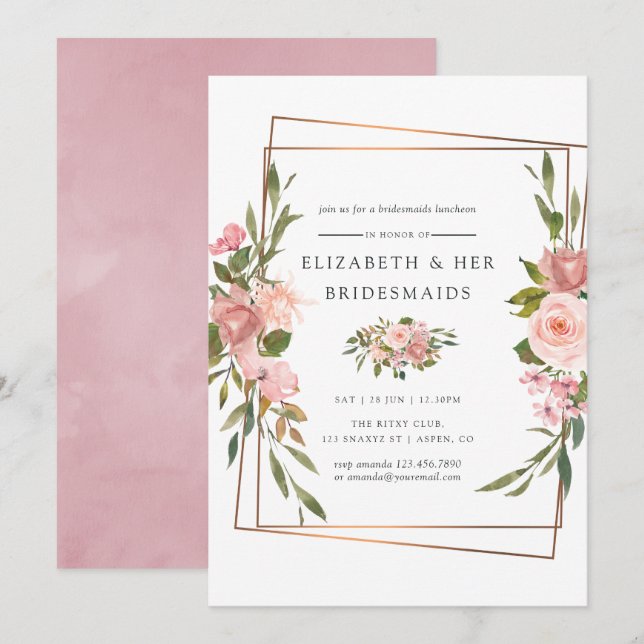Invitation Déjeuner Rose de serveuses d'honneur Gold Geometry (Devant / Derrière)