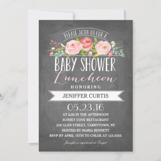Invitation Déjeuner sur bannière rose | Baby shower (Devant)