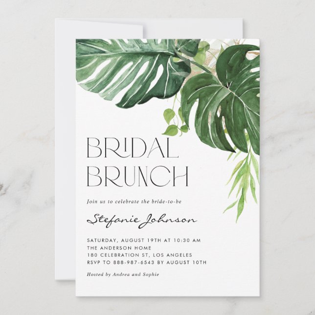 Invitation Déjeuner tropical de mariage avec feuilles de Mons (Devant)