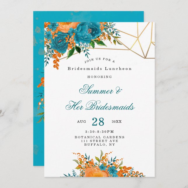 Invitation Déjeuner turquoise Orange Gold Floral Bridesmaitre (Devant / Derrière)