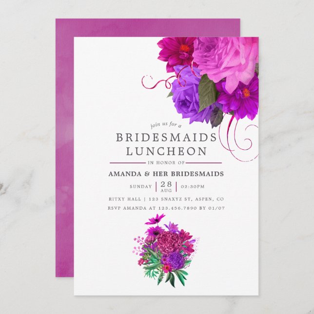Invitation Déjeuner vintage Chic Fuchsia & Purple Bridesmaier (Devant / Derrière)