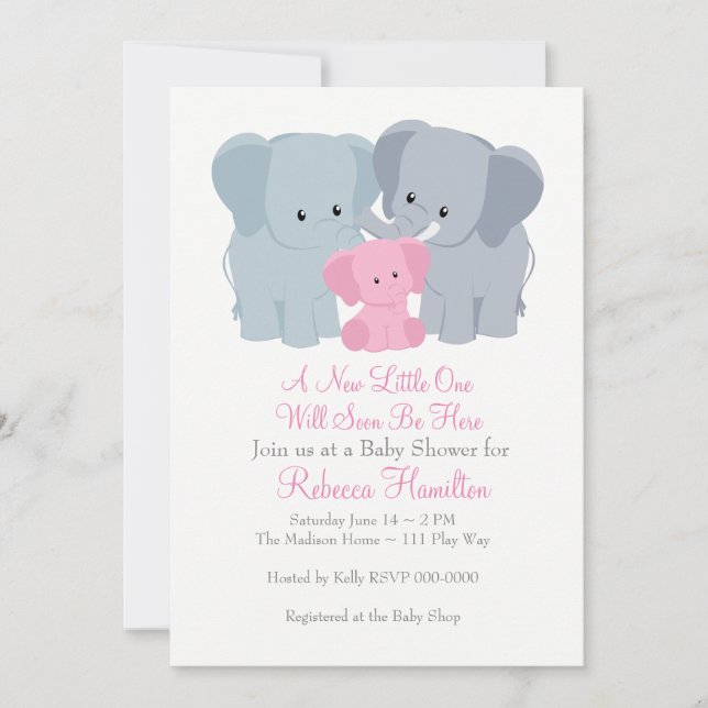 Invitation d'éléphant de bébé rose (Devant)