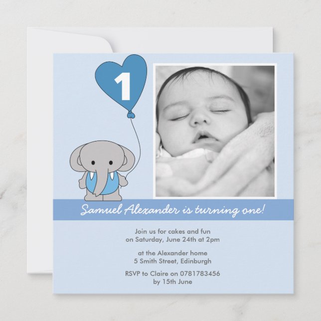 Invitation D'éléphant de photo ?ère fête d'anniversaire bleue (Devant)