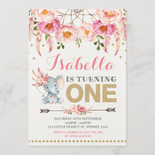 Invitation d'éléphant floral Boho or rose Annivers