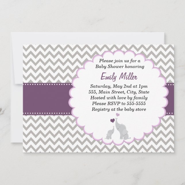 Invitation d'éléphant Purple Chevron Baby shower (Devant)
