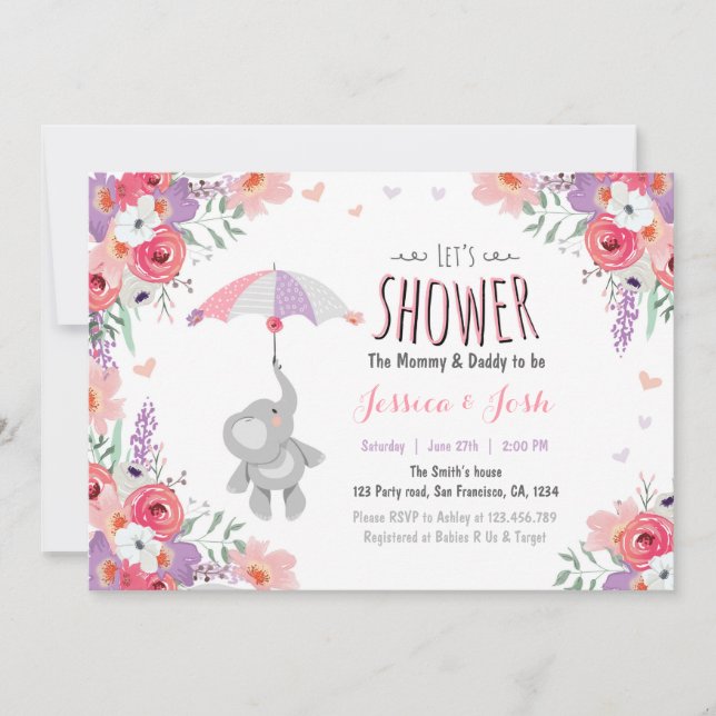Invitation d'éléphants floraux baby shower fille r (Devant)