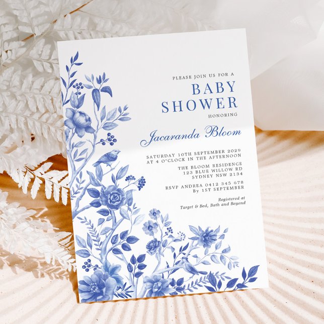 Invitation Delft Blue Chinoiserie Jardin Baby shower neutre (Créateur téléchargé)