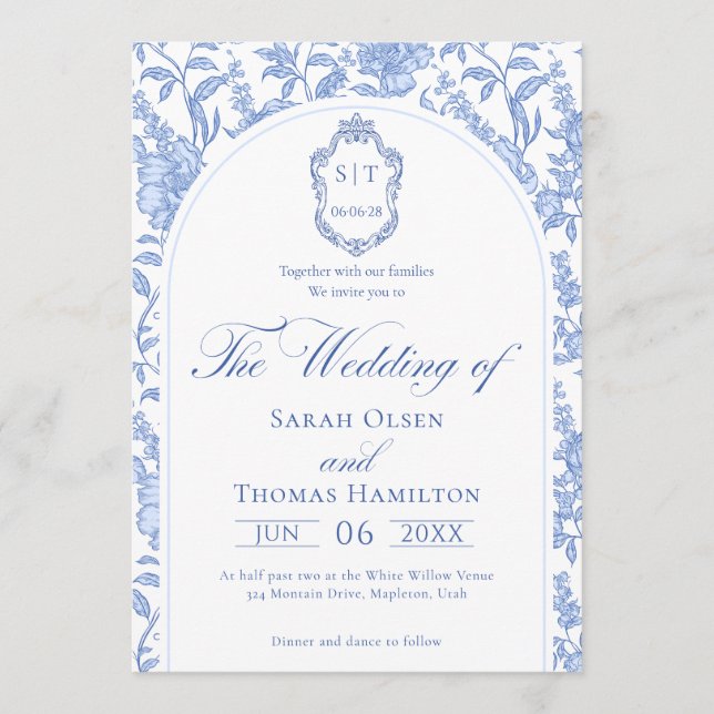 Invitation Delft Blue Floral Chinoiserie Monogram Wedding (Devant)