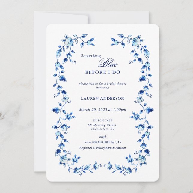 Invitation Delft Quelque chose de bleu avant de faire douche  (Devant)