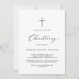 Invitation Délicat Black Calligraphy Cross Christening