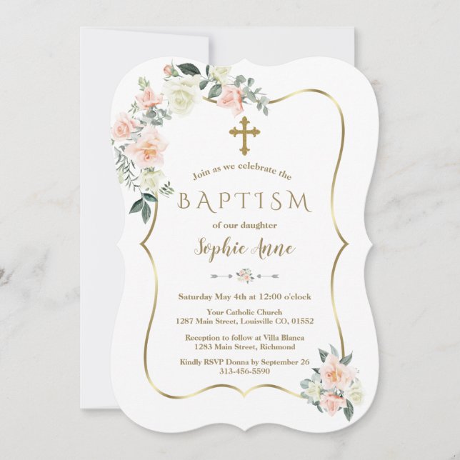 Invitation Délicat Blush Fleurs Blanches Or Girl Baptême (Devant)