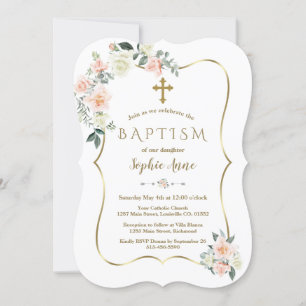 Invitation Délicat Blush Fleurs Blanches Or Girl Baptême