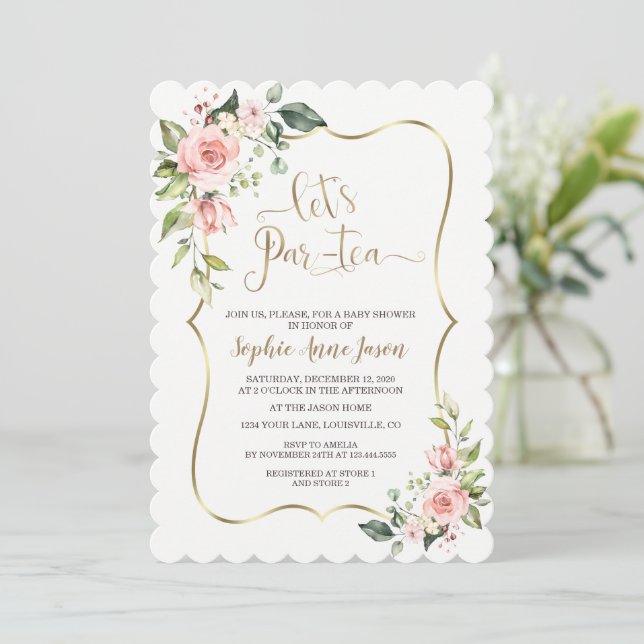 Invitation Délicat Blush Rose Floral Baby shower Tea Party (Debout devant)