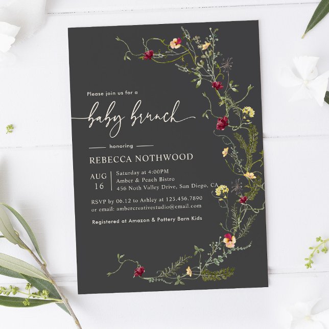 Invitation Délicat Boho Fleurs sauvages gris foncé Brunch béb (Créateur téléchargé)
