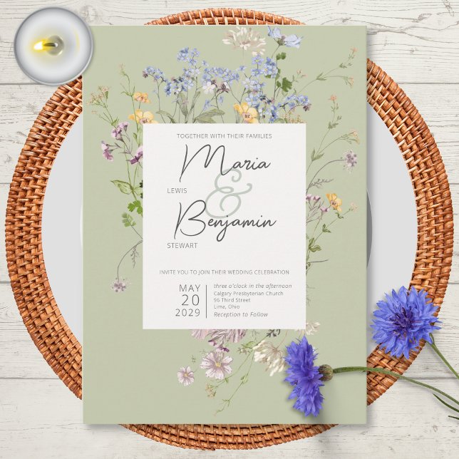 Invitation Délicat Fleur sauvage Boho Mariage vert (Créateur téléchargé)