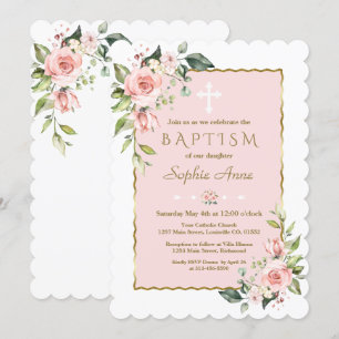 Invitation Délicat Fleurs Roses Blancs Croix Or Baptême