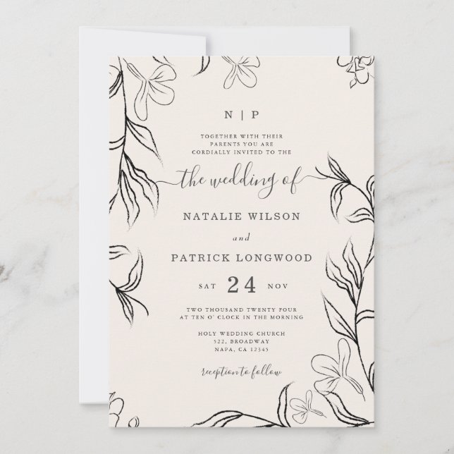 Invitation Délicat Mariage floral beige à la main (Devant)