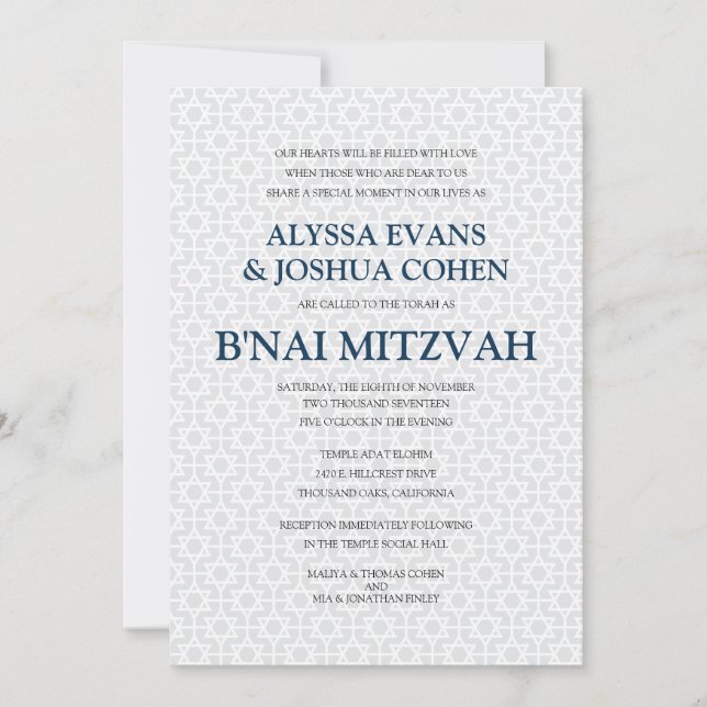 Invitation Délicat Motif B'nai Mitzvah (Devant)