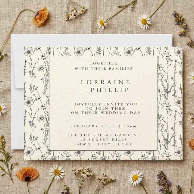 Invitation Délicat motif de fleurs sauvages (Delicate wild flowers pattern wedding invitation.)
