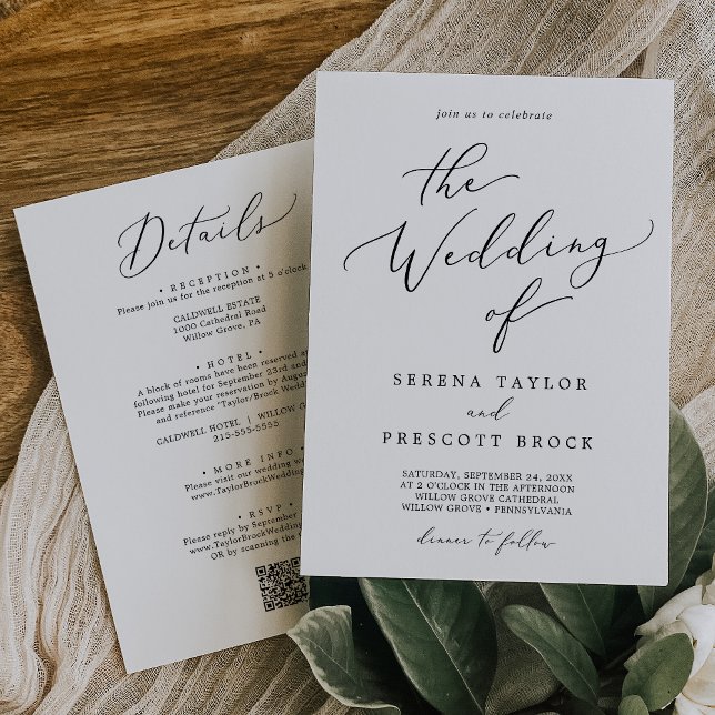 Invitation Délicat noir tout en un QR Diner Mariage (Delicate Black All In One QR Dinner Wedding Invitation)