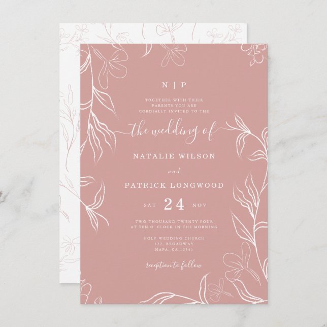 Invitation Délicat Rose floral Dusty à la main (Devant / Derrière)