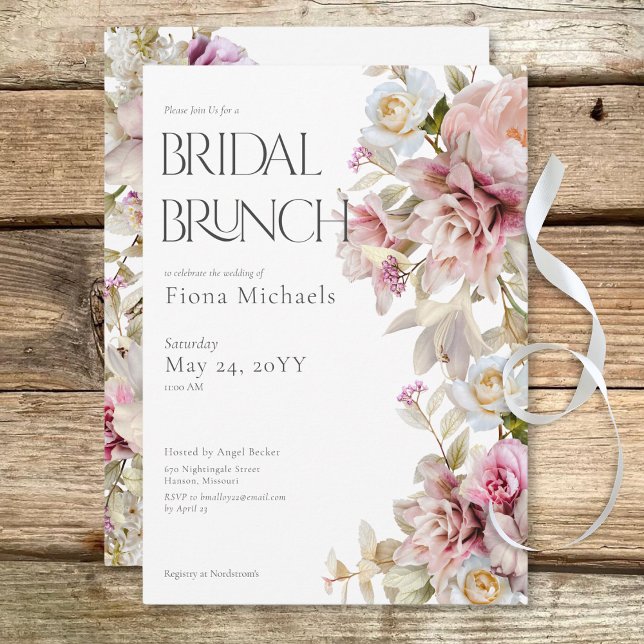 Invitation Délicat Rose rose moderne et brunch nuptial Lily (Delicate Modern Pink Rose & Lily Bridal Brunch Invitation)