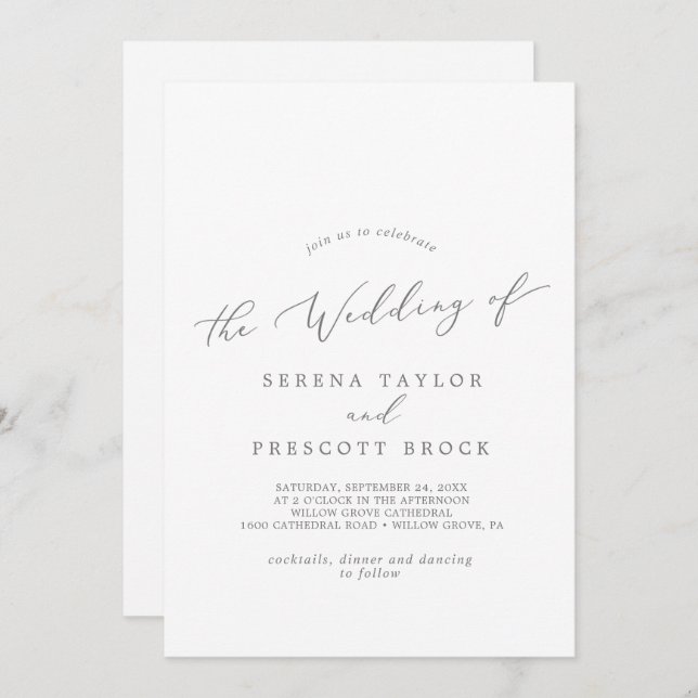 Invitation Délicat Silver Calligraphie Monogramme Mariage arr (Devant / Derrière)