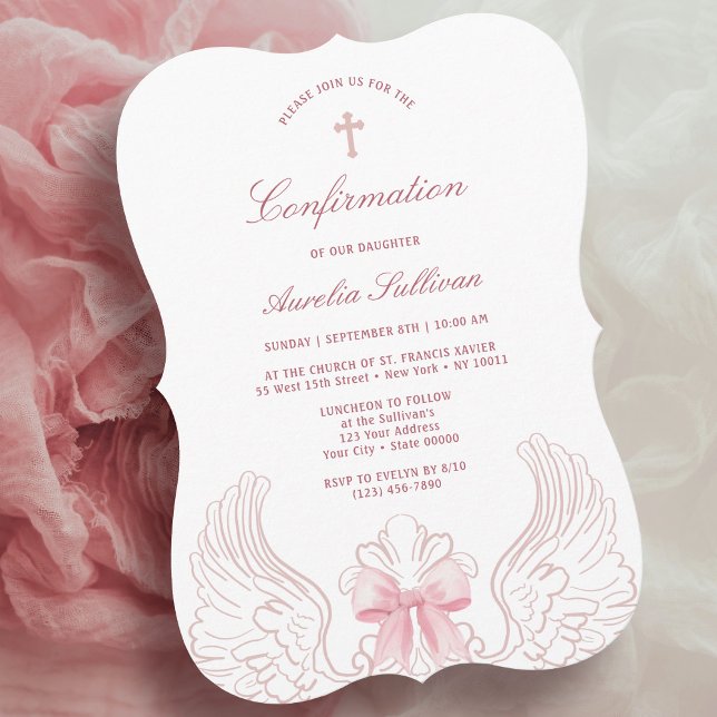 Invitation Delicate Angel Wings Pink Bow Confirmation (Créateur téléchargé)
