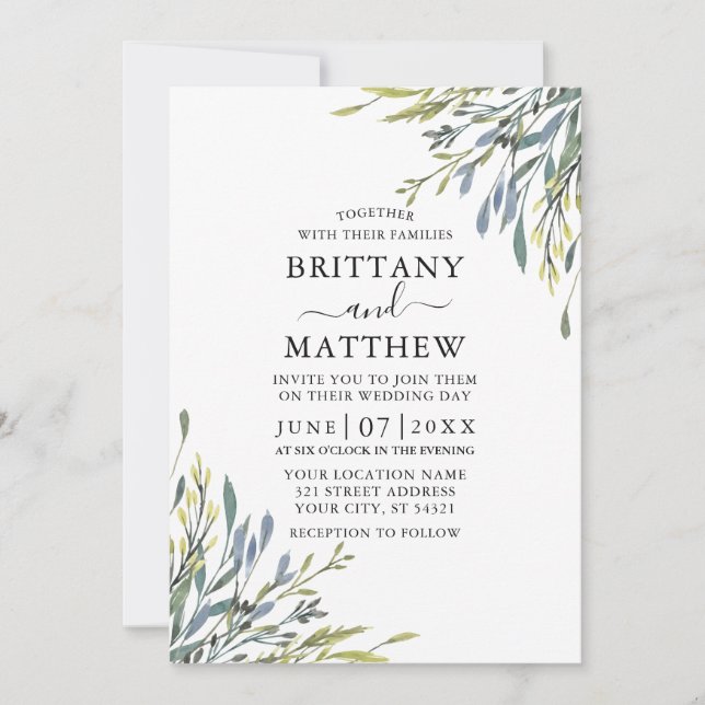 Invitation Delicate Aquarelle Botanique Mariage de verdure (Devant)