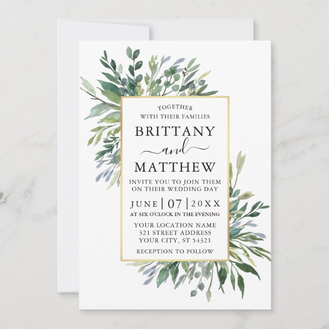 Invitation Delicate Aquarelle Verdure Mariage Or (Devant)
