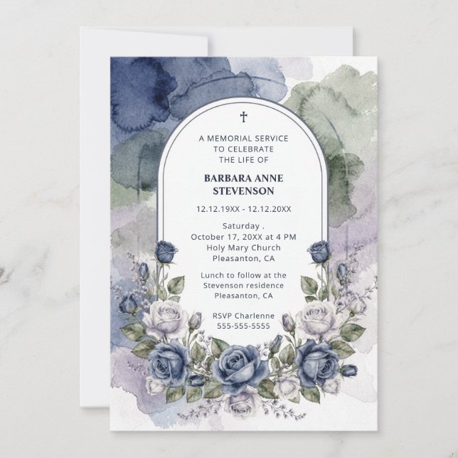 Invitation Delicate Arch Blue Green Floral Watercolor Effect  (Devant)